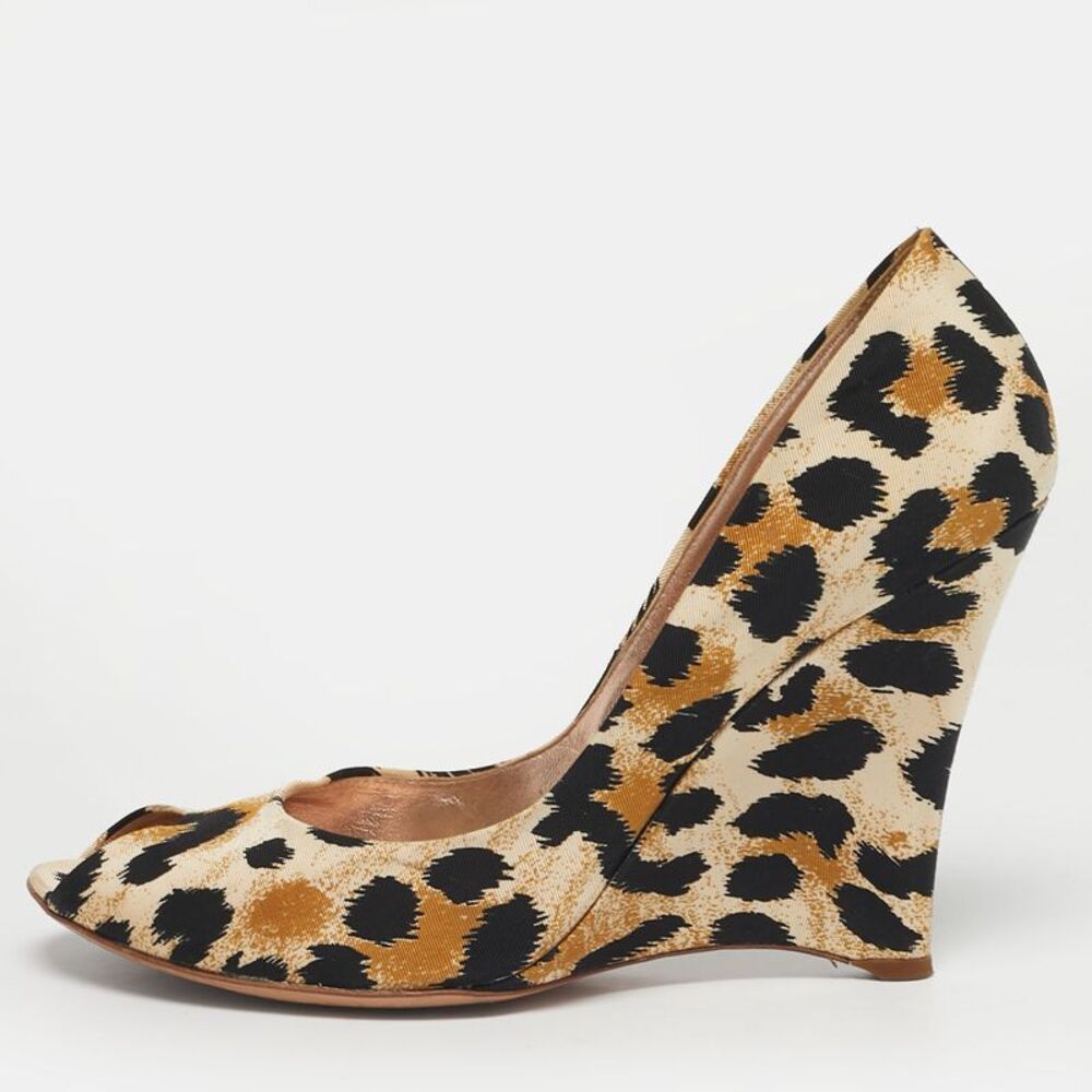 Casadei Size 40 Tricolor Canvas Wedge Peep Toe Pumps